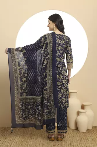 navy blue cotton kurta dupatta set with lace detailing