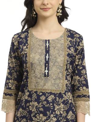 navy blue cotton kurta dupatta set with lace detailing 4