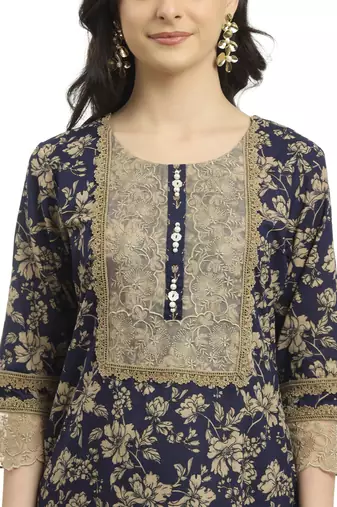 navy blue cotton kurta dupatta set with lace detailing