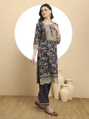 navy blue cotton kurta dupatta set with lace detailing 5