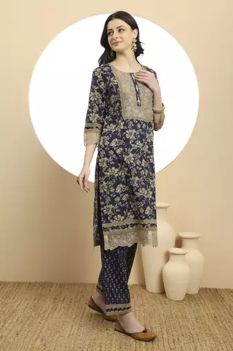navy blue cotton kurta dupatta set with lace detailing
