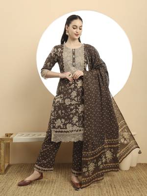brown kurta  cotton dupatta set with lace detailing 1
