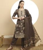 brown kurta  cotton dupatta set with lace detailing