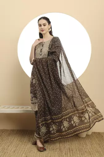 brown kurta  cotton dupatta set with lace detailing