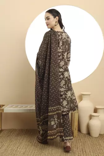 brown kurta  cotton dupatta set with lace detailing