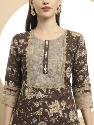 brown kurta  cotton dupatta set with lace detailing 4