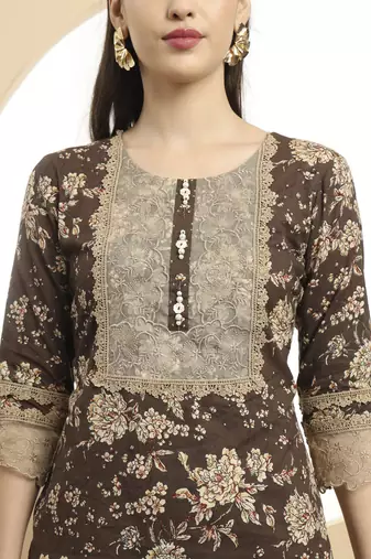 brown kurta  cotton dupatta set with lace detailing