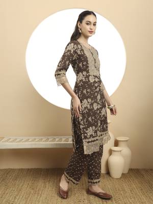 brown kurta  cotton dupatta set with lace detailing 5