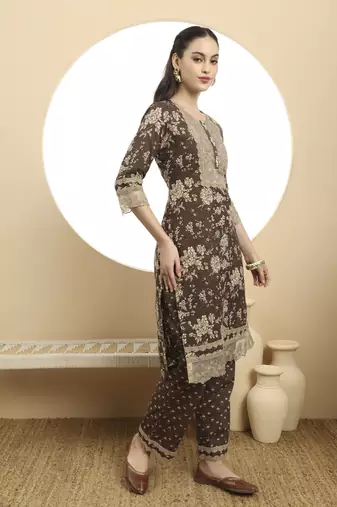 brown kurta  cotton dupatta set with lace detailing