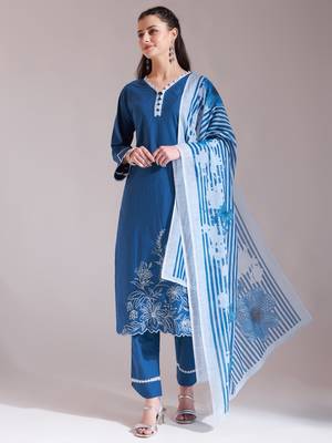  blue chikankari lace work straight kurta trouser dupatta set 1