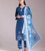  blue chikankari lace work straight kurta trouser dupatta set