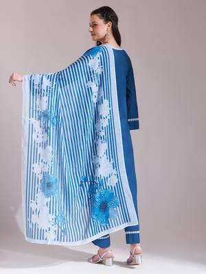  blue chikankari lace work straight kurta trouser dupatta set 3