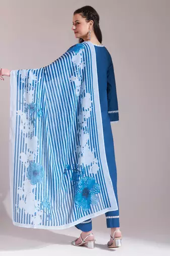  blue chikankari lace work straight kurta trouser dupatta set