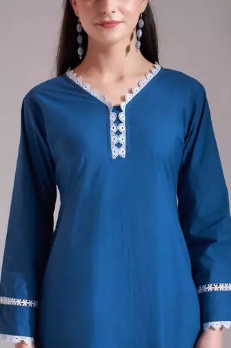  blue chikankari lace work straight kurta trouser dupatta set