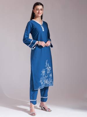  blue chikankari lace work straight kurta trouser dupatta set 5