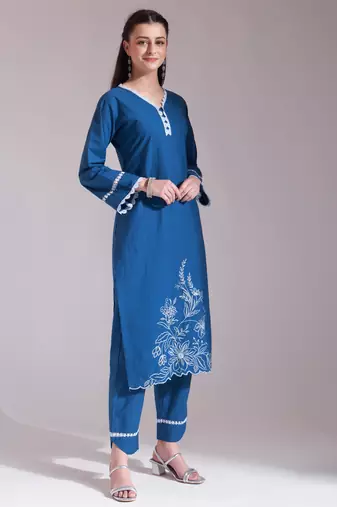  blue chikankari lace work straight kurta trouser dupatta set
