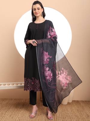  black embroidered straight kurta trouser dupatta set 1