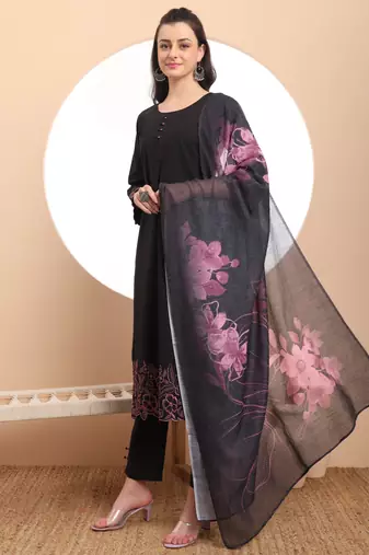  black embroidered straight kurta trouser dupatta set
