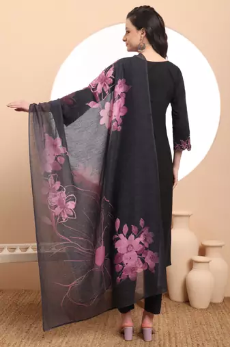  black embroidered straight kurta trouser dupatta set