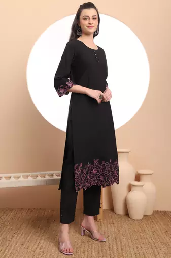  black embroidered straight kurta trouser dupatta set