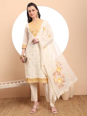  off-white pure handloom cotton weaved thread work kurta dupatta pant set 1