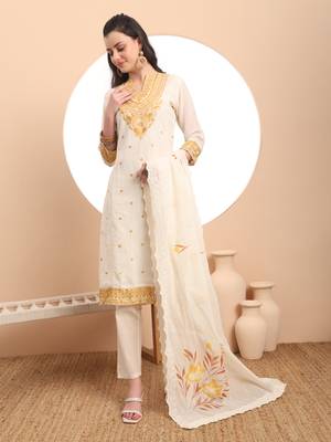  off-white pure handloom cotton weaved thread work kurta dupatta pant set 2