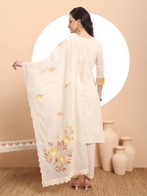  off-white pure handloom cotton weaved thread work kurta dupatta pant set 3