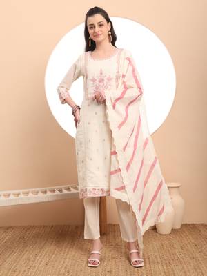  off-white pure handloom cotton thread work kurta dupatta pant set 1