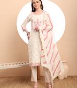  off-white pure handloom cotton thread work kurta dupatta pant set