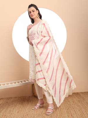  off-white pure handloom cotton thread work kurta dupatta pant set 2