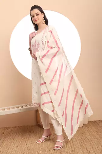  off-white pure handloom cotton thread work kurta dupatta pant set
