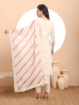  off-white pure handloom cotton thread work kurta dupatta pant set 3
