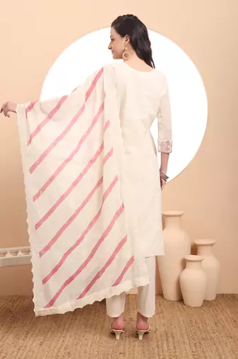  off-white pure handloom cotton thread work kurta dupatta pant set