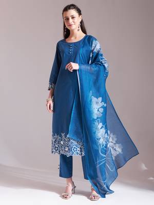  blue embroidered straight kurta trouser dupatta set 1