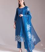  blue embroidered straight kurta trouser dupatta set