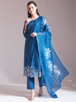  blue embroidered straight kurta trouser dupatta set 2