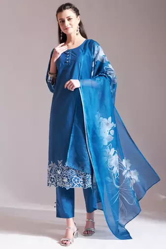  blue embroidered straight kurta trouser dupatta set