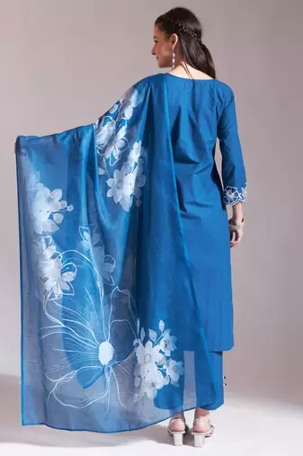  blue embroidered straight kurta trouser dupatta set