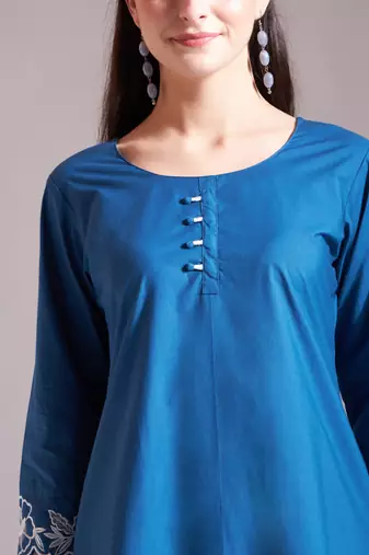  blue embroidered straight kurta trouser dupatta set