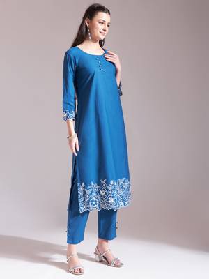  blue embroidered straight kurta trouser dupatta set 5