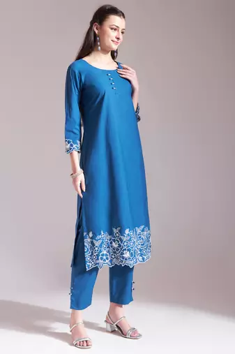  blue embroidered straight kurta trouser dupatta set