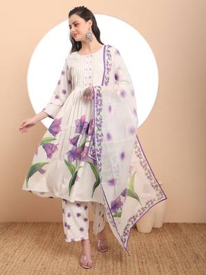  linen cotton white anarkali kurta dupatta pant set 1