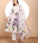  linen cotton white anarkali kurta dupatta pant set