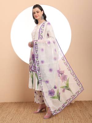  linen cotton white anarkali kurta dupatta pant set 2