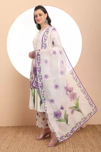  linen cotton white anarkali kurta dupatta pant set