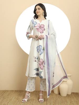  white linen cotton floral,sequins work a-line kurta dupatta set 1