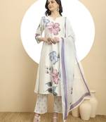  white linen cotton floral,sequins work a-line kurta dupatta set