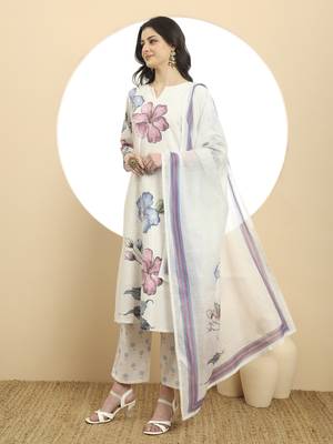  white linen cotton floral,sequins work a-line kurta dupatta set 2