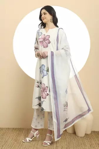  white linen cotton floral,sequins work a-line kurta dupatta set