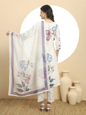  white linen cotton floral,sequins work a-line kurta dupatta set 3